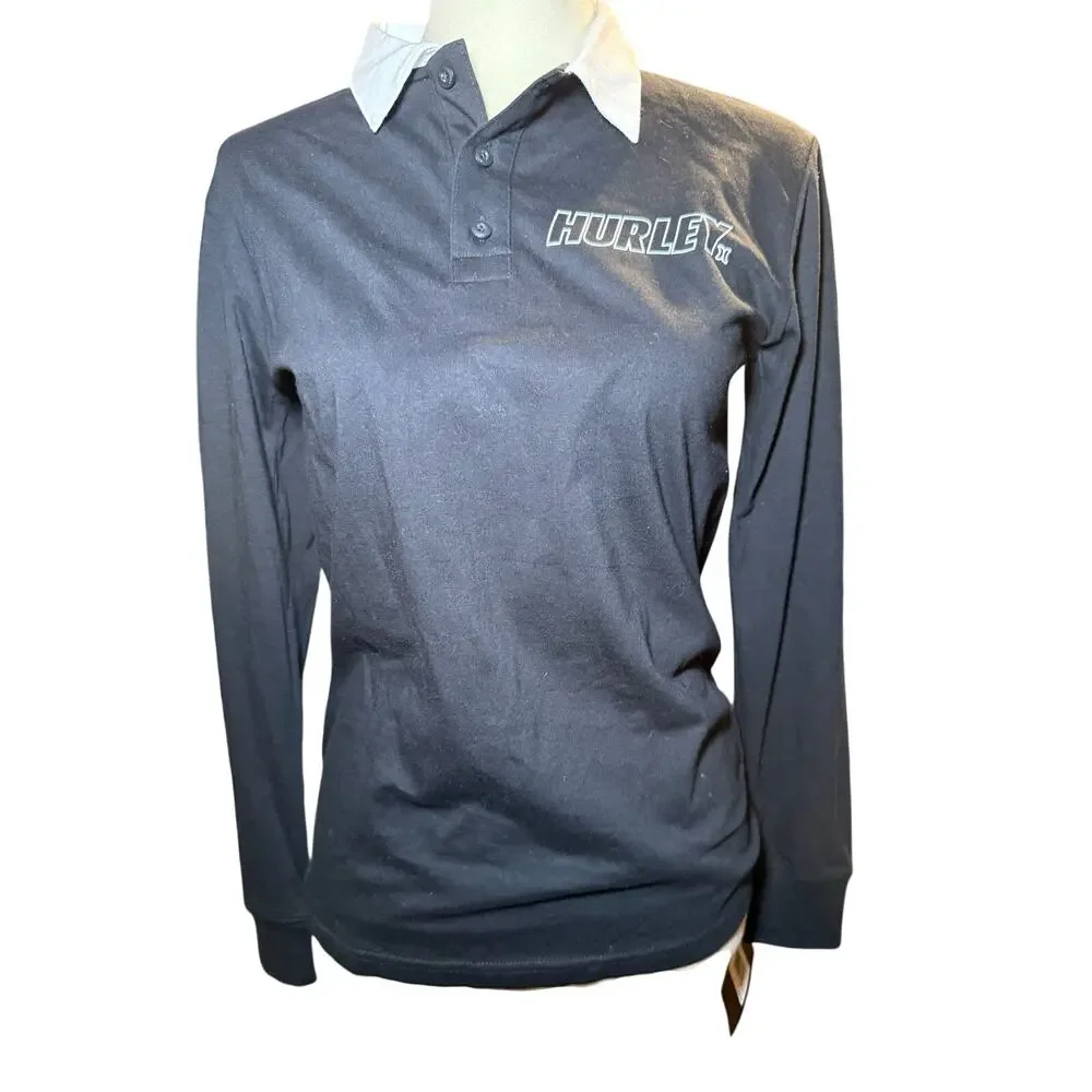 Hurley Long Sleeve Black Polo Shirt, Logo Sleeve, Youth Size Large 12-13Y, NWT